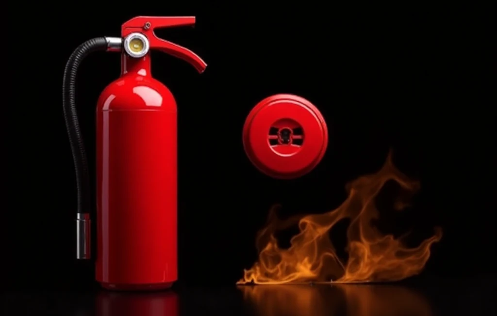 Extintor y alarma contraincendios sobre un fondo negro y unas llamas